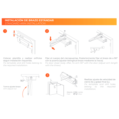 Instruções ilustradas para instalação de braço padrão de porta com texto em espanhol e inglês.