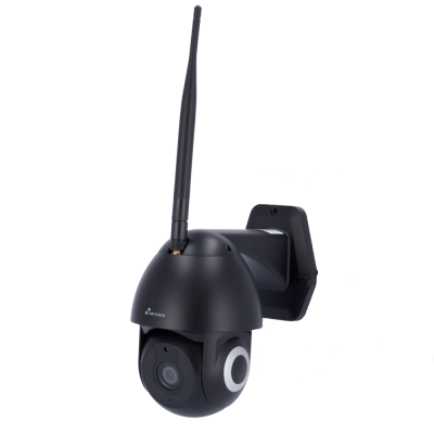 Câmara de vigilância preta com antena e dispositivo cylindrical branco