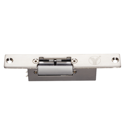 Fecho elétrico metálico prateado com acabamento em inox