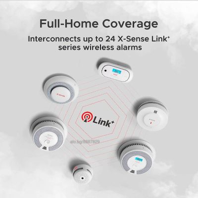 Detectores de alarme wireless brancos X-Sense Link+ com ecrãs digitais azuis
