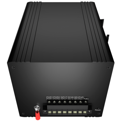 Caixa preta de equipamento eletrónico com conectores e botão Reset