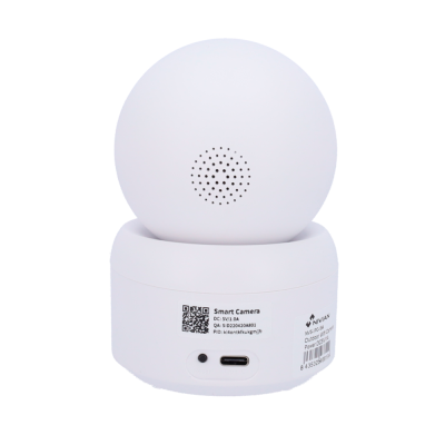 Câmara inteligente branca esférica com orifícios, etiquetas e porta USB Tipo-C