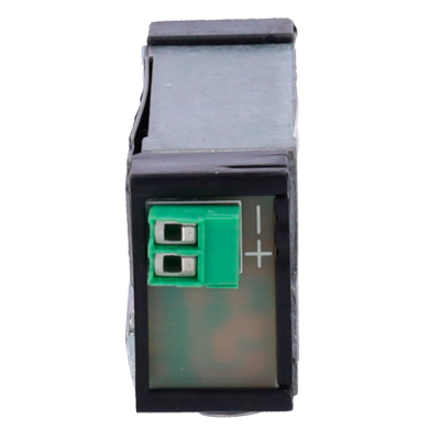 Módulo eletrónico retangular preto com conector verde e terminais metálicos