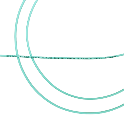 Cabo de fibra ótica azul turquesa com texto impresso