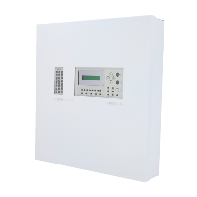 Caixa branca de controlo de alarme com visor e botões