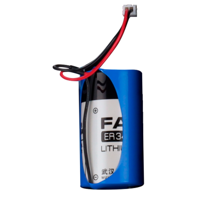 Bateria recarregável de lítio com invólucro azul e fios preto e vermelho