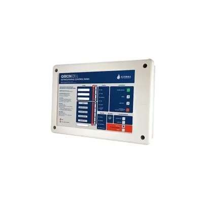 Painel de controlo de extinção Orion EX L com etiquetas coloridas e indicadores LED