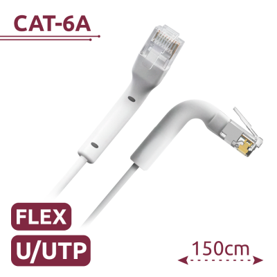 Cabo de rede CAT-6A branco com conetores RJ45 e texto FLEX U/UTP 150cm