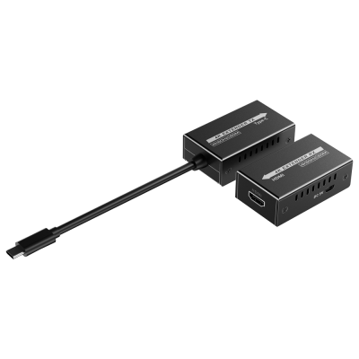 Conjunto de extensores 4K preto com etiquetas brancas e cabos, em fundo branco.