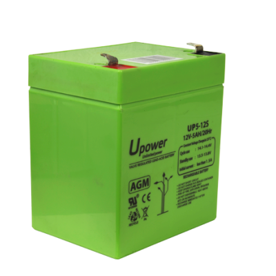 Bateria verde UPS-12S 12V-5AH/20HR Upower com texto e símbolos técnicos