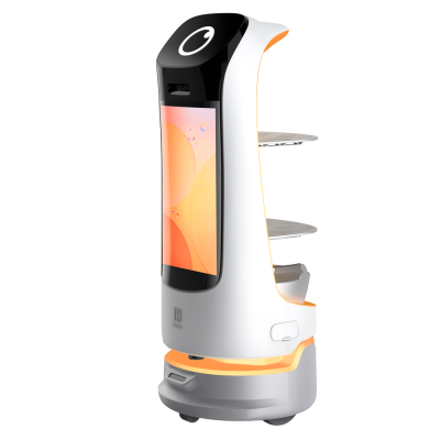 Robô de serviço branco e cinza com ecrã digital e plataformas metálicas