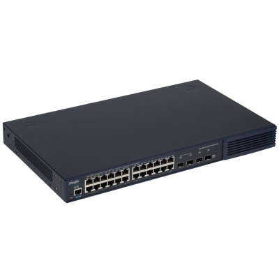 Switch de rede preto com múltiplas portas Ethernet e SFP