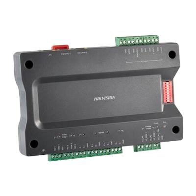 Módulo eletrónico cinza escuro HIKVISION com conectores verdes e vermelhos e etiquetas brancas