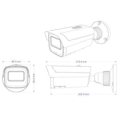 Desenho técnico de câmara de segurança com dimensões