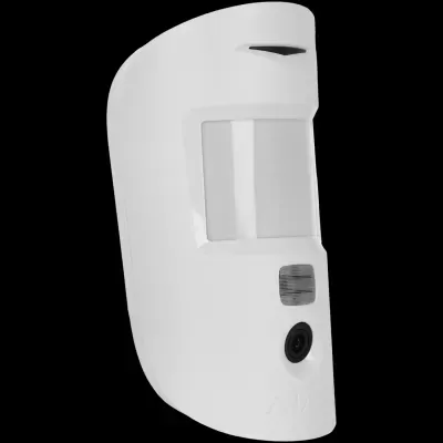 Sensor PIR branco com lente translúcida e botão preto