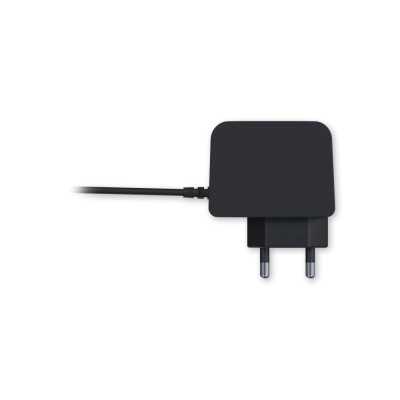Carregador de parede preto com ficha de dois pinos e cabo