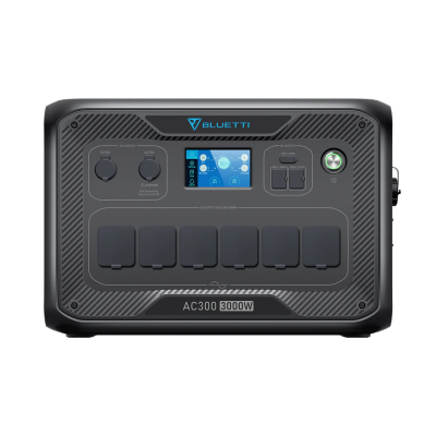 Gerador portátil elétrico BLUETTI AC300 3000W preto com ecrã digital azul e tomadas