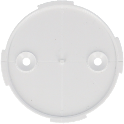 Peça redonda branca de plástico com dois furos e linhas cruzadas