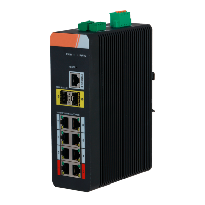 Interruptor de rede industrial preto com várias portas Ethernet e conectores verdes no topo