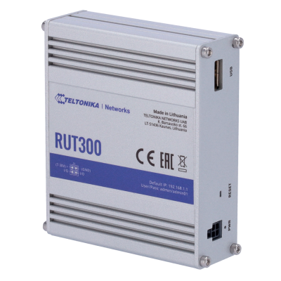 Roteador Teltonika RUT300 cinza com texto azul e preto, portas USB e alimentação