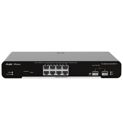 Switch de rede preto Ruijie RG-ESW100-8GT2SFP-F com portas Ethernet e SFP