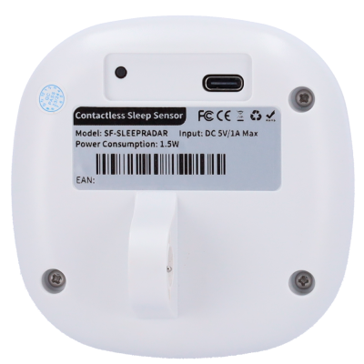 Sensor contactless de sono branco com etiqueta cinza e porta USB-C