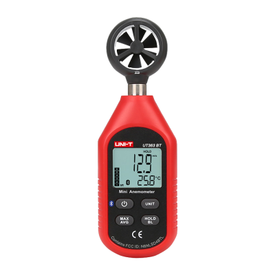Anemómetro mini vermelho e preto com visor digital e hélice preta