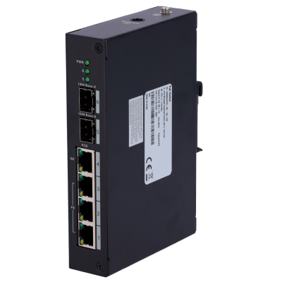 Switch de rede industrial preto com portas Ethernet e LEDs