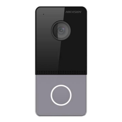 Campainha de vídeo Hikvision preta e cinza com botão circular iluminado