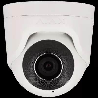 Câmara de vigilância de teto branca e lente negra central da marca AJAX