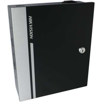 Caixa metálica preta com fechadura e marca HIKVISION branca