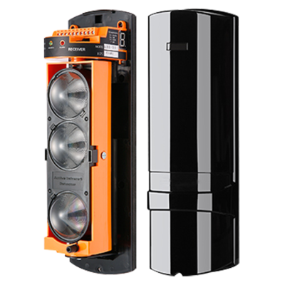 Sensor de barreira infravermelha preto e laranja com três lentes e etiqueta na parte superior