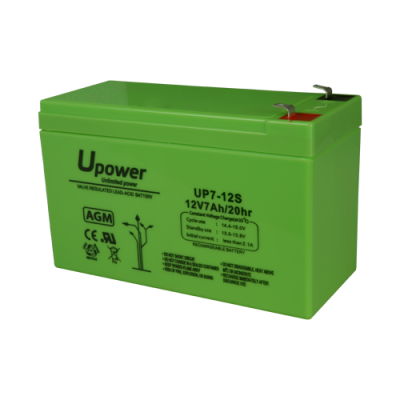 Bateria recarregável AGM verde Upower 12V 7Ah com informação técnica