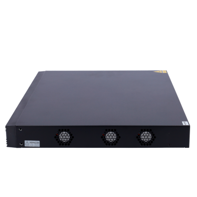 Servidor ou switch metálico preto com três ventoinhas frontais e etiquetas WARRANTY VOID e HDMI