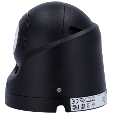 Câmara de vigilância preta tipo cúpula com etiqueta branca na base