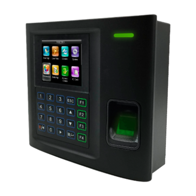 Dispositivo preto de controlo de acesso com ecrã, teclado e leitor biométrico.