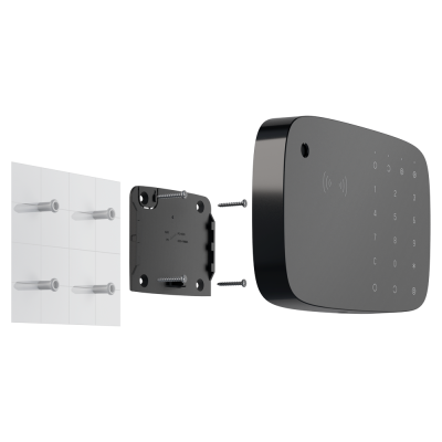 Teclado numérico preto com suporte de montagem e buchas com parafusos