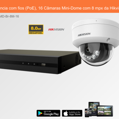 Sistema de Videovigilância Hikvision com câmara Mini-Dome e unidade retangular preta