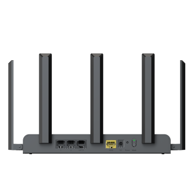 Roteador wireless preto com cinco antenas e portas Ethernet