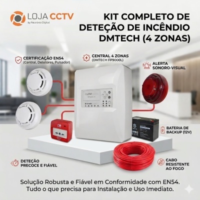 Kit completo de deteção de incêndio com central, detectores, alarme, bateria, pulsador e cabo vermelho