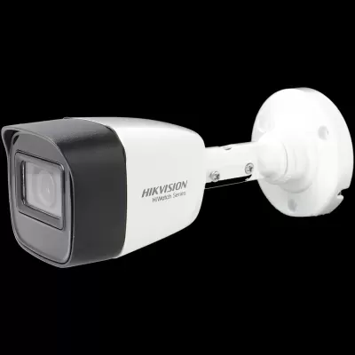 Câmara de segurança HIKVISION branca e preta com suporte ajustável.
