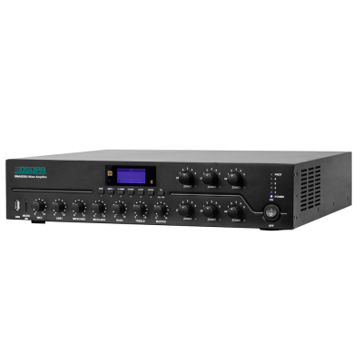 Amplificador misturador DSPPA DMA6250U preto com botões e visor digital azul