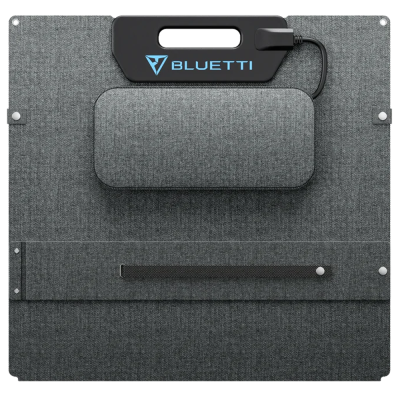 Painel solar portátil cinza com alça preta e logótipo BLUETTI azul