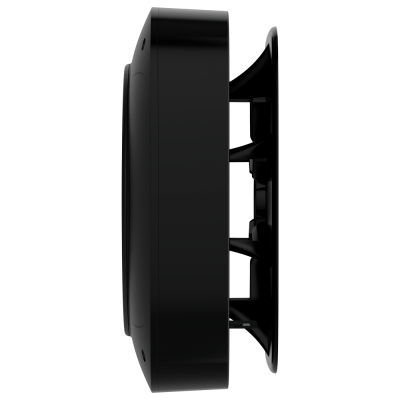 Caixa preta retangular com grelha circular preta de lado