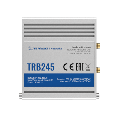 Dispositivo Teltonika TRB245 prateado para redes com etiquetas azul e branca