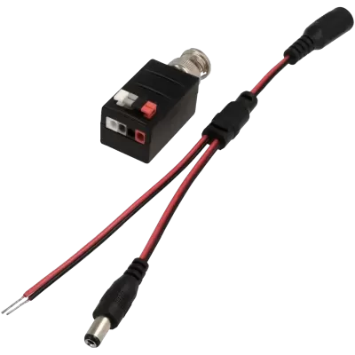 Conector BNC preto com terminais de parafuso e cabo com plugue DC jack
