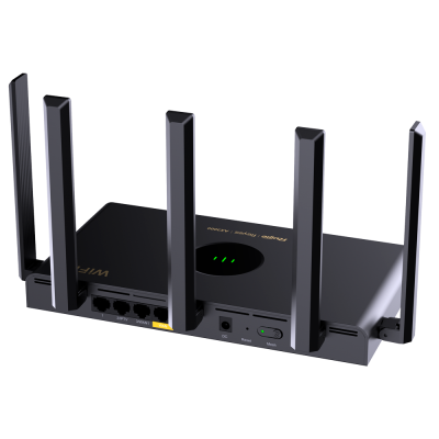Roteador Wi-Fi preto com quatro antenas e portas de rede