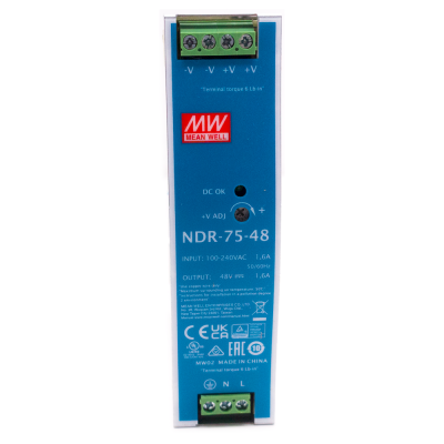 Transformador de alimentação MEAN WELL NDR-75-48 azul e branco com terminais verdes
