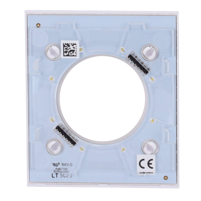 Peça eletrónica quadrada transparente com LEDs e selo CE