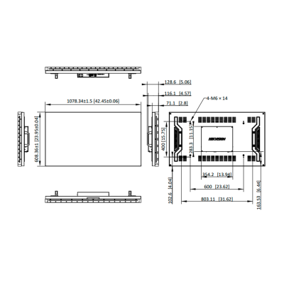 Desenho técnico de ecrã com medidas e texto HIKVISION